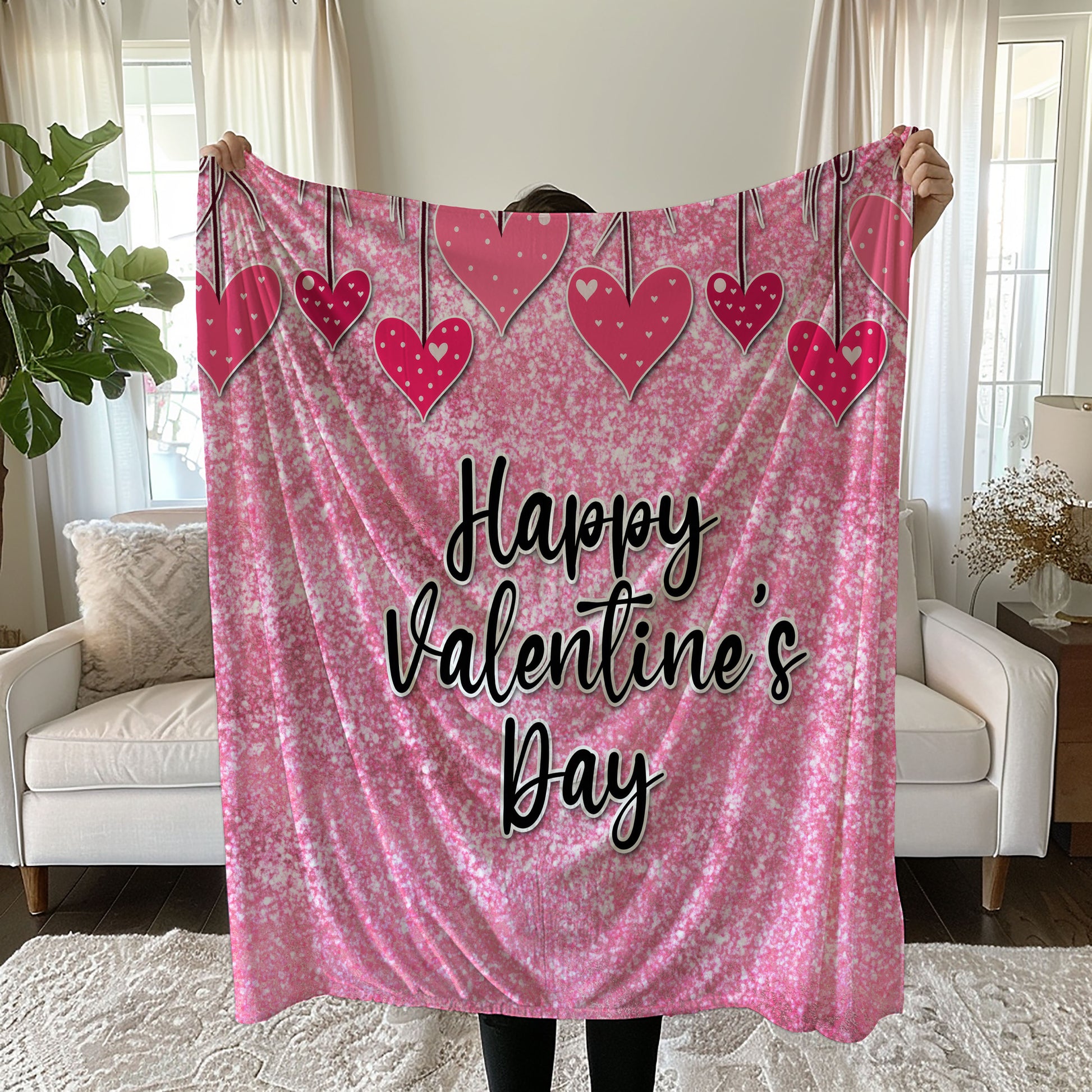 Glittery pink linen duvet cover set with heart prints and 'Happy Valentine's Day' text duvet cover