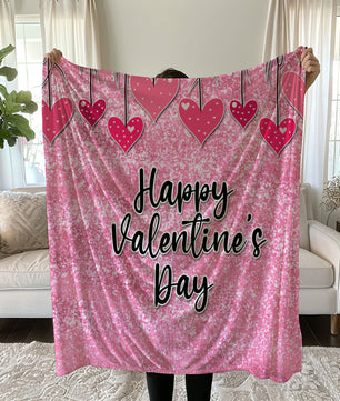 Glittery pink linen duvet cover set with heart prints and 'Happy Valentine's Day' text duvet cover