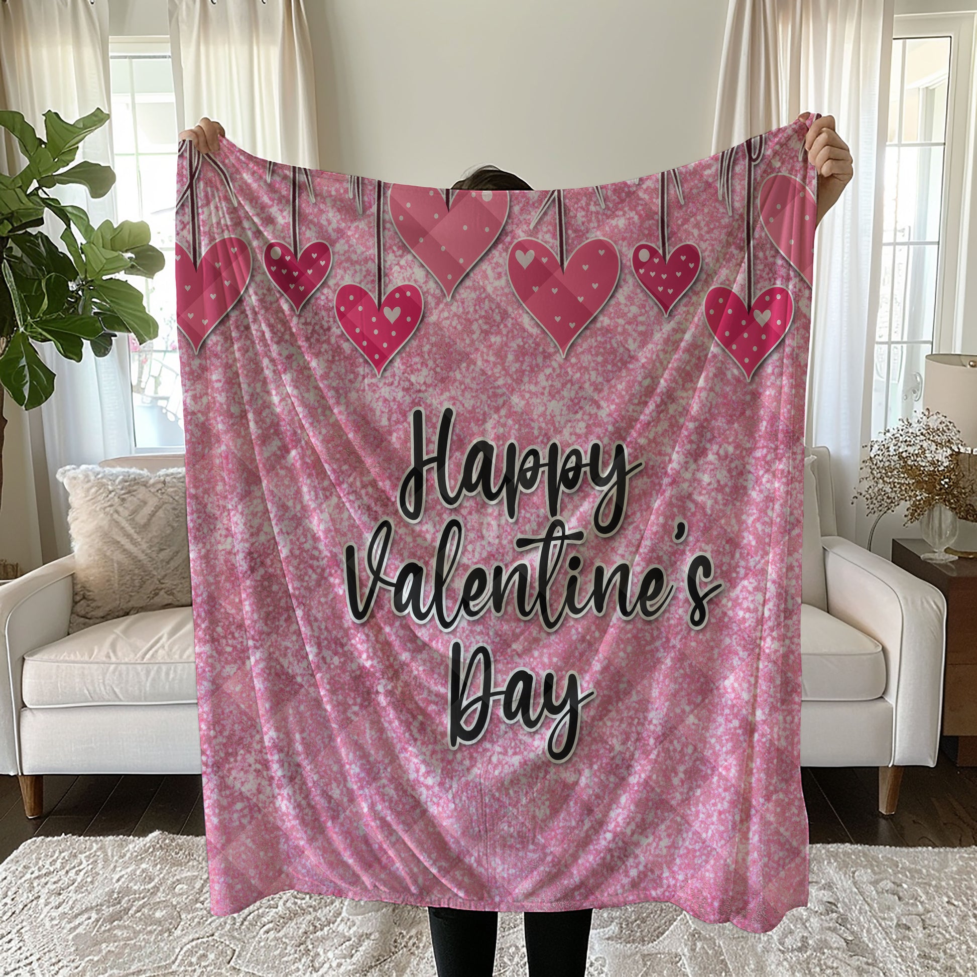 Glittery pink linen duvet cover set with heart prints and 'Happy Valentine's Day' text quilt