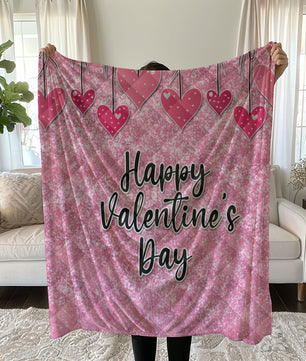 Glittery pink linen duvet cover set with heart prints and 'Happy Valentine's Day' text quilt