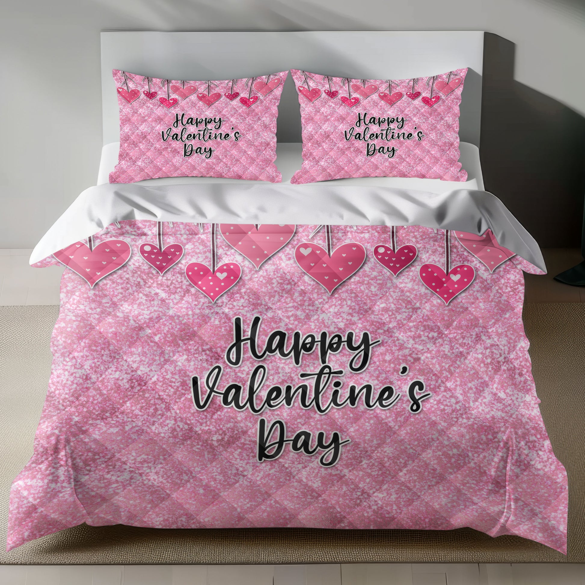 Glittery pink linen duvet cover set with heart prints and 'Happy Valentine's Day' text quilt set