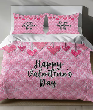 Glittery pink linen duvet cover set with heart prints and 'Happy Valentine's Day' text quilt set