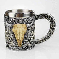 Stainless Steel Skull Mug Viking Death Grim Reaper With Fire Dragon Handle Goat Horn Gothic Design Coffee Beer Mugs As Halloween