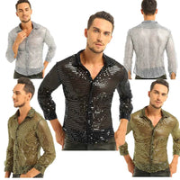Men Shiny Sequins Shirt Long Sleeve Button Down Disco Party Shirt Night Clubwear Prom Dance Performance Tops Halloween Costumes