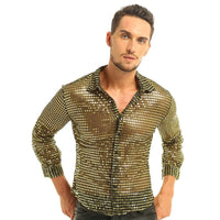 Men Shiny Sequins Shirt Long Sleeve Button Down Disco Party Shirt Night Clubwear Prom Dance Performance Tops Halloween Costumes