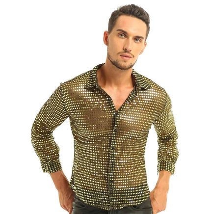 Men Shiny Sequins Shirt Long Sleeve Button Down Disco Party Shirt Night Clubwear Prom Dance Performance Tops Halloween Costumes