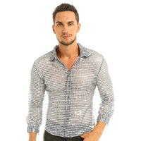 Men Shiny Sequins Shirt Long Sleeve Button Down Disco Party Shirt Night Clubwear Prom Dance Performance Tops Halloween Costumes Silver