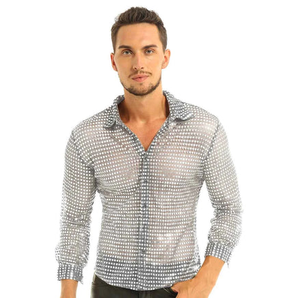 Men Shiny Sequins Shirt Long Sleeve Button Down Disco Party Shirt Night Clubwear Prom Dance Performance Tops Halloween Costumes Silver