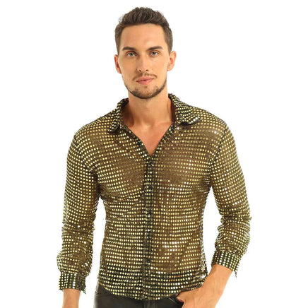 Men Shiny Sequins Shirt Long Sleeve Button Down Disco Party Shirt Night Clubwear Prom Dance Performance Tops Halloween Costumes Gold