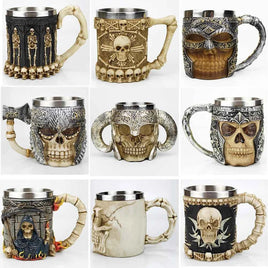 Stainless Steel Skull Mug Viking Death Grim Reaper With Fire Dragon Handle Goat Horn Gothic Design Coffee Beer Mugs As Halloween
