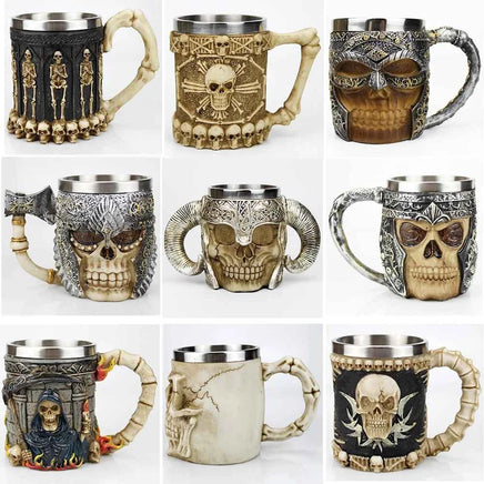Stainless Steel Skull Mug Viking Death Grim Reaper With Fire Dragon Handle Goat Horn Gothic Design Coffee Beer Mugs As Halloween