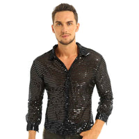 Men Shiny Sequins Shirt Long Sleeve Button Down Disco Party Shirt Night Clubwear Prom Dance Performance Tops Halloween Costumes Black