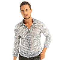 Men Shiny Sequins Shirt Long Sleeve Button Down Disco Party Shirt Night Clubwear Prom Dance Performance Tops Halloween Costumes