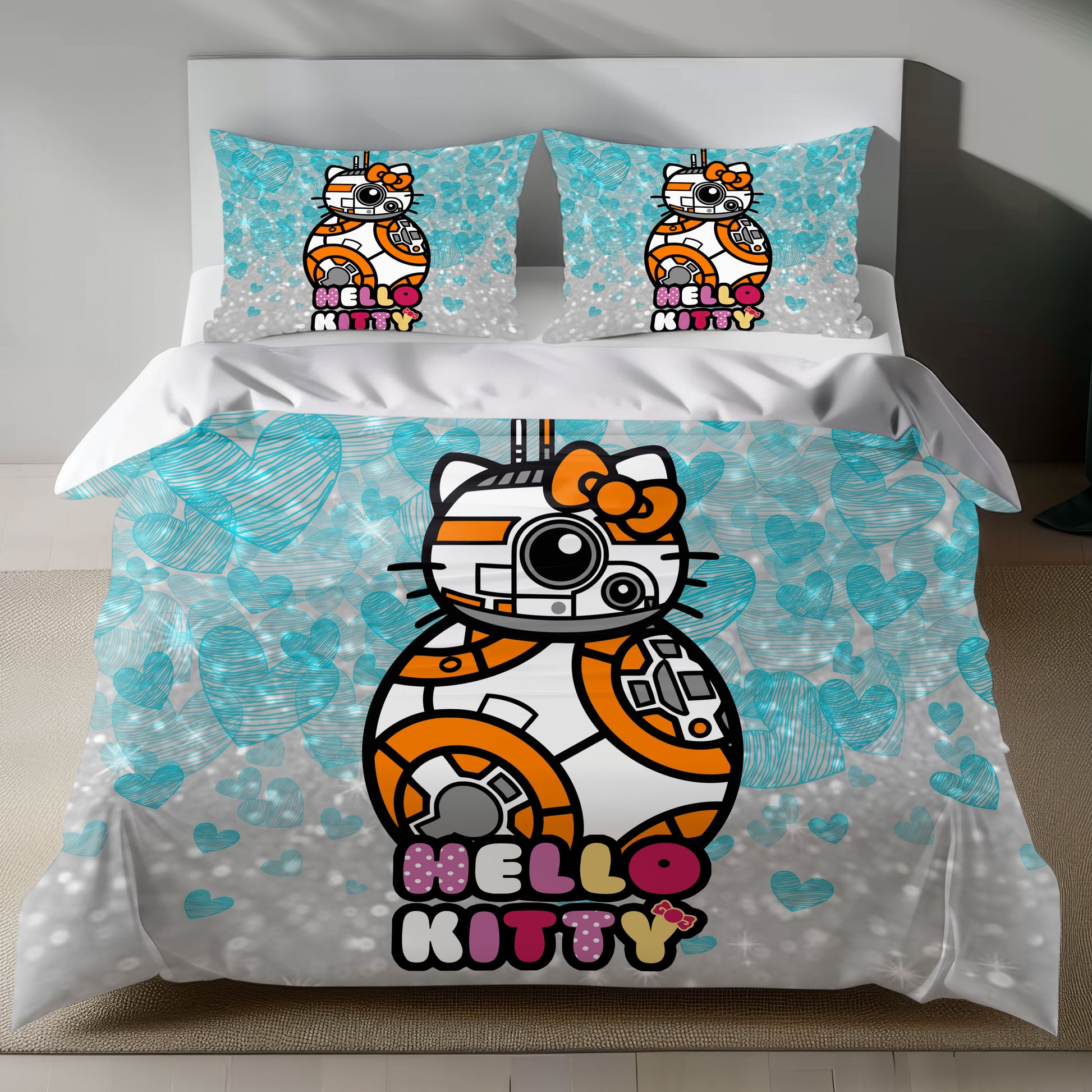 Hello Kitty BB-8 Linen Bedding Set with Hello Kitty as BB-8 on a silver background