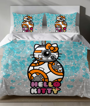 Hello Kitty BB-8 Linen Bedding Set with Hello Kitty as BB-8 on a silver background