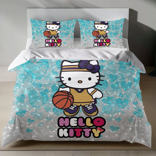 Hello Kitty Basketball Linen Bedding Set with Hello Kitty in a basketball uniform on a silver background