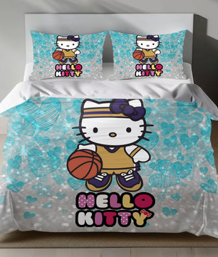 Hello Kitty Basketball Linen Bedding Set with Hello Kitty in a basketball uniform on a silver background