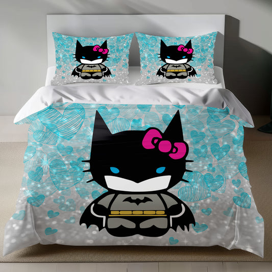 Hello Kitty Batgirl Linen Bedding Set with Hello Kitty in a Batgirl costume on a silver background