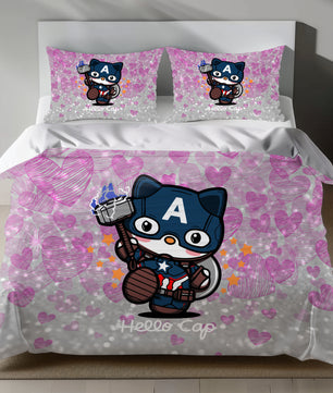 Hello Kitty Captain America Linen Bedding Set with Hello Kitty in Captain America costume on a pink heart background