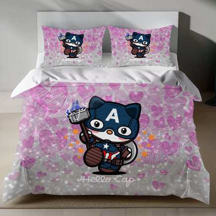 Hello Kitty Captain America Linen Bedding Set - Heroic Charm for Sanrio Fans 4pcs - Bedding Sets