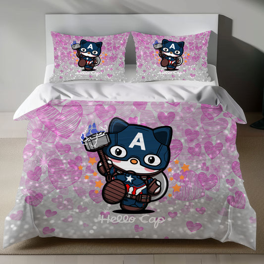 Hello Kitty Captain America Linen Bedding Set with Hello Kitty in Captain America costume on a pink heart background
