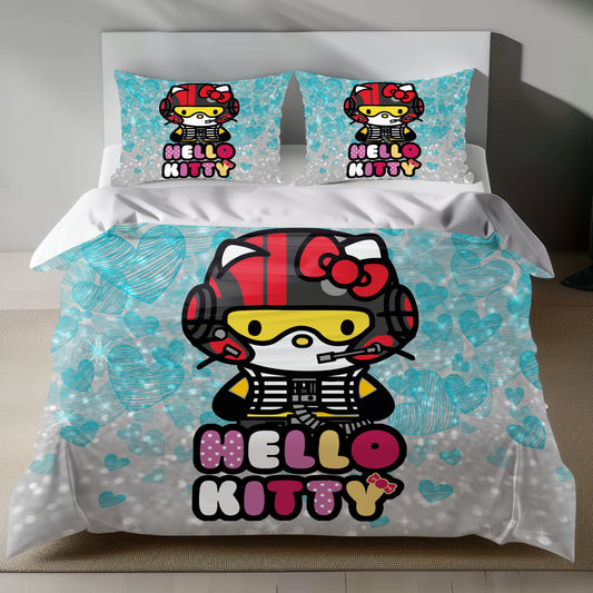 Hello Kitty Formula 1 Linen Bedding Set with Hello Kitty in a racing uniform on a silver background