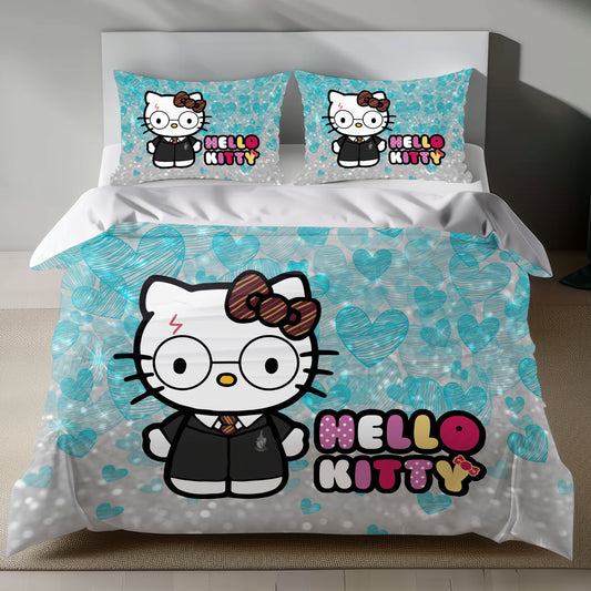 Hello Kitty Hogwarts Linen Bedding Set with Hello Kitty in a wizard outfit on a silver background