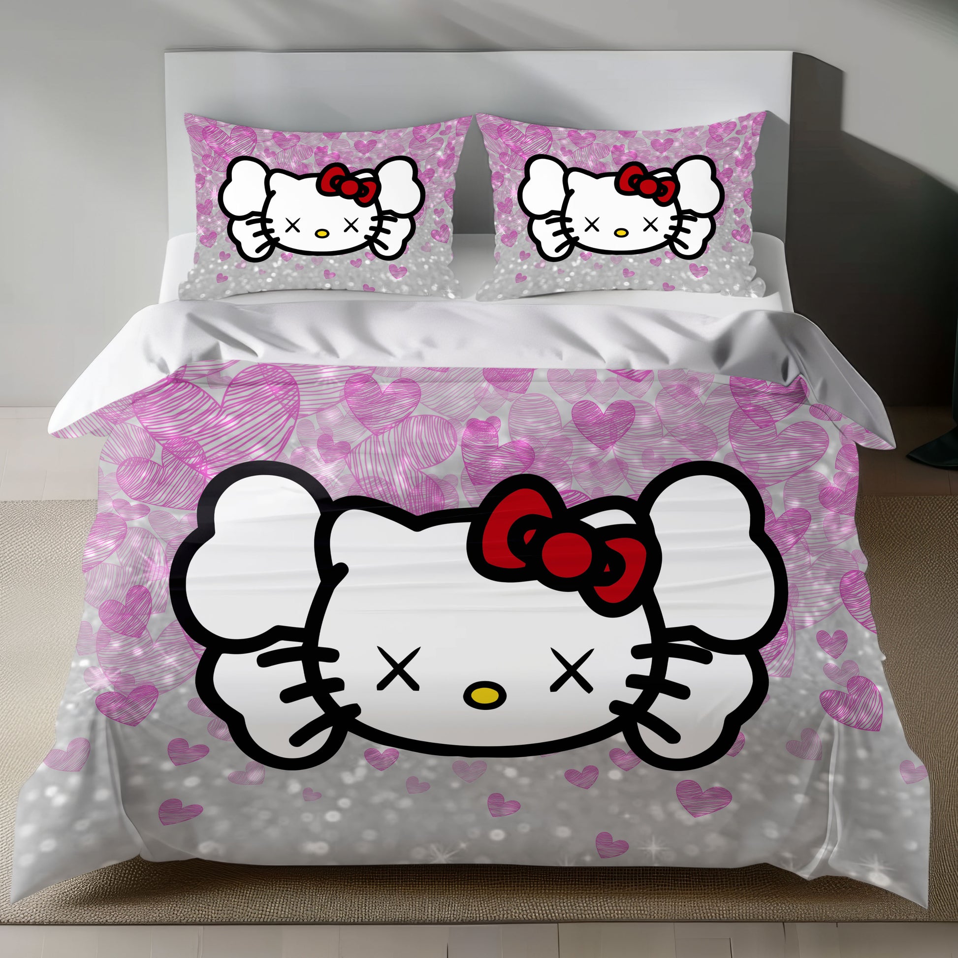 Hello Kitty KAWS Linen Bedding Set with Hello Kitty in KAWS style on a pink heart background