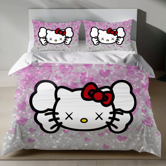 Hello Kitty KAWS Linen Bedding Set with Hello Kitty in KAWS style on a pink heart background
