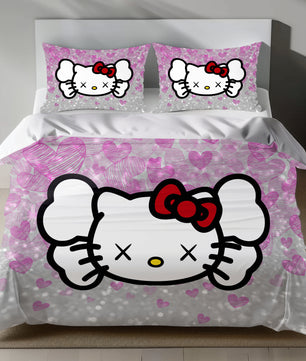Hello Kitty KAWS Linen Bedding Set with Hello Kitty in KAWS style on a pink heart background