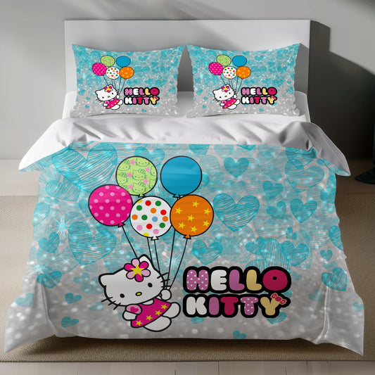 Hello Kitty Linen Bedding Set with colorful balloons on a silver background