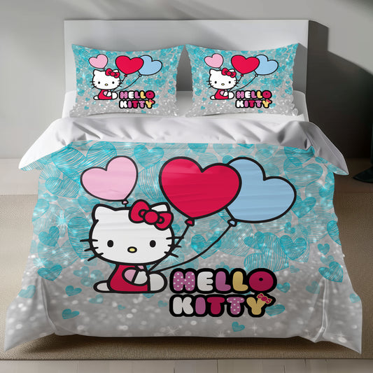 Hello Kitty Linen Bedding Set with heart balloons on a silver background