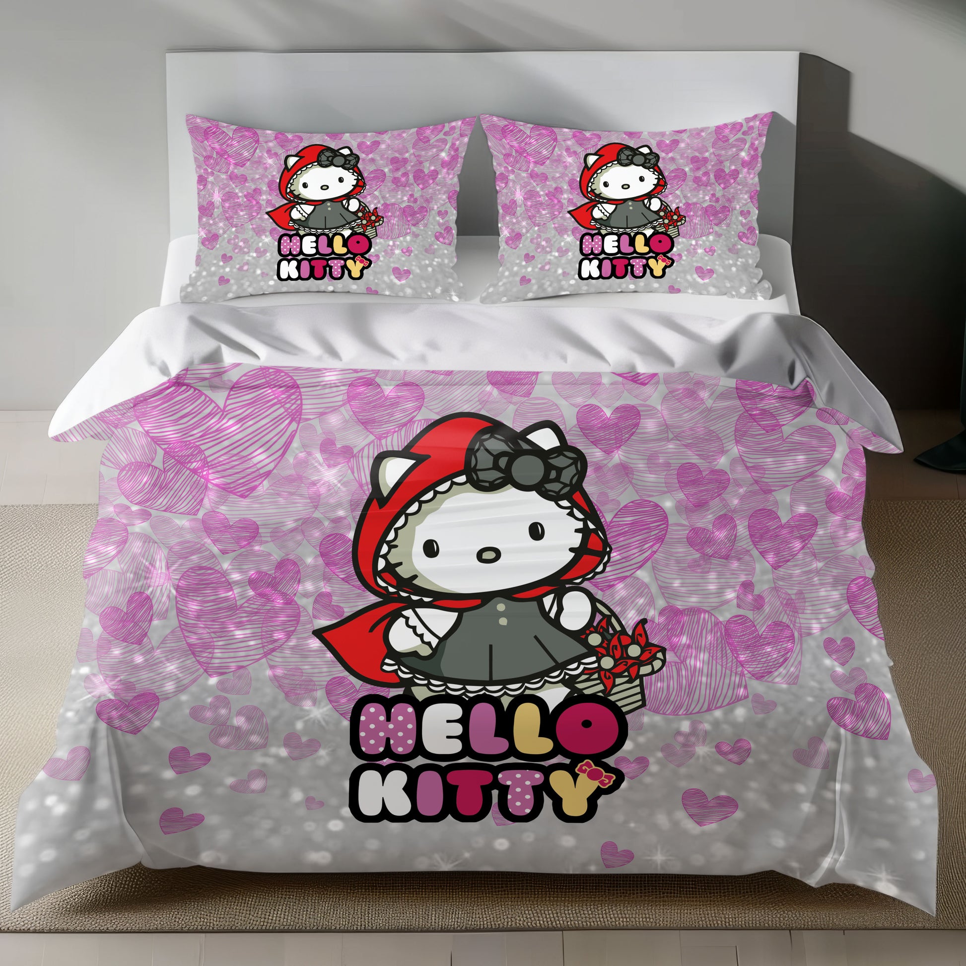 Hello Kitty Little Red Riding Hood Linen Bedding Set with Hello Kitty in a red cape on a pink heart background