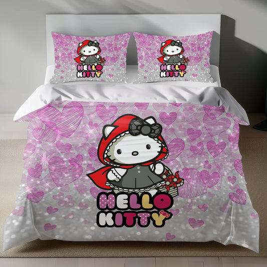 Hello Kitty Little Red Riding Hood Linen Bedding Set with Hello Kitty in a red cape on a pink heart background
