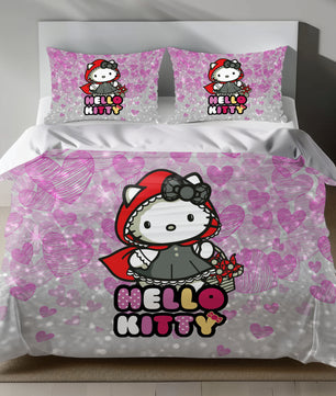 Hello Kitty Little Red Riding Hood Linen Bedding Set with Hello Kitty in a red cape on a pink heart background