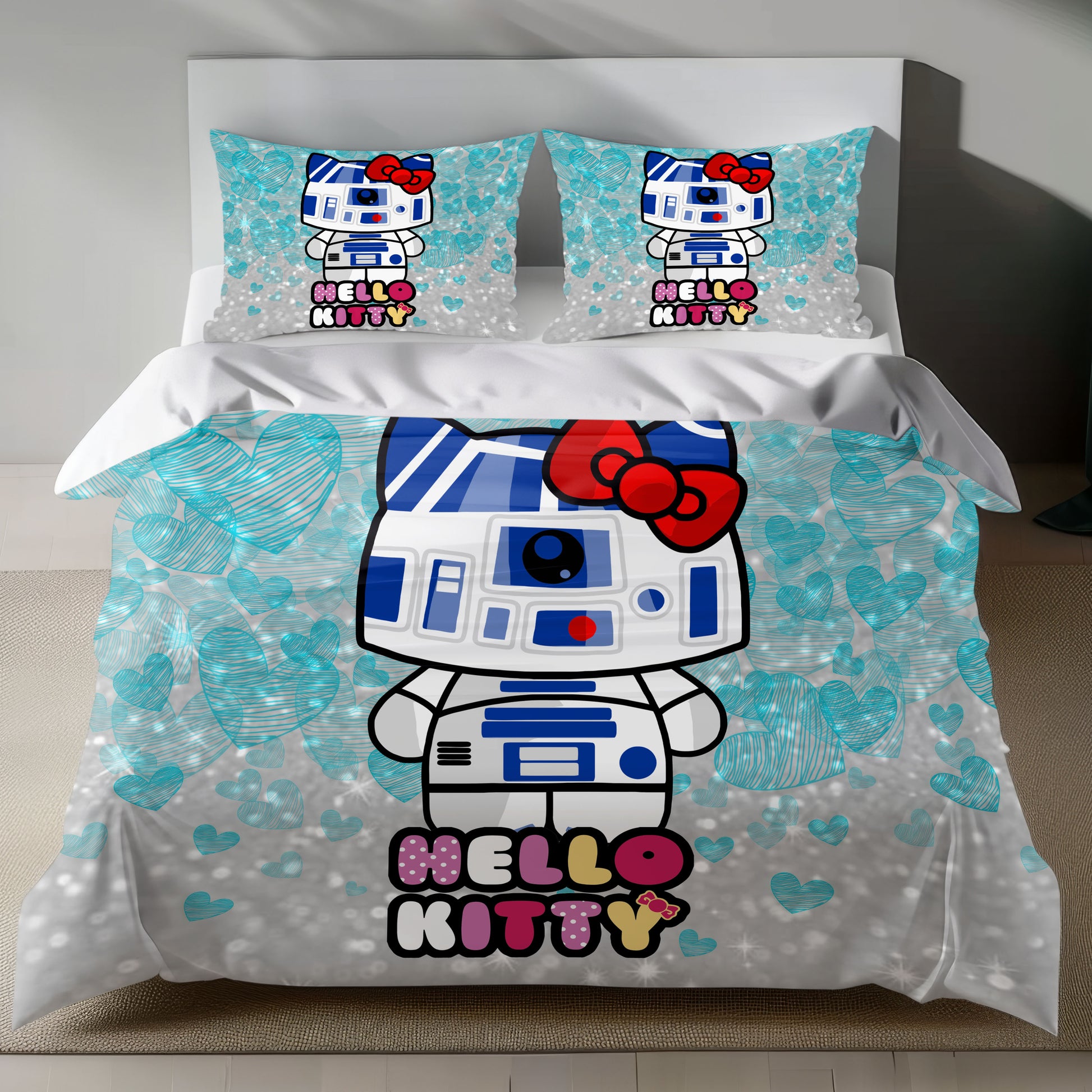 Hello Kitty R2-D2 Linen Bedding Set with Hello Kitty as R2-D2 on a silver background