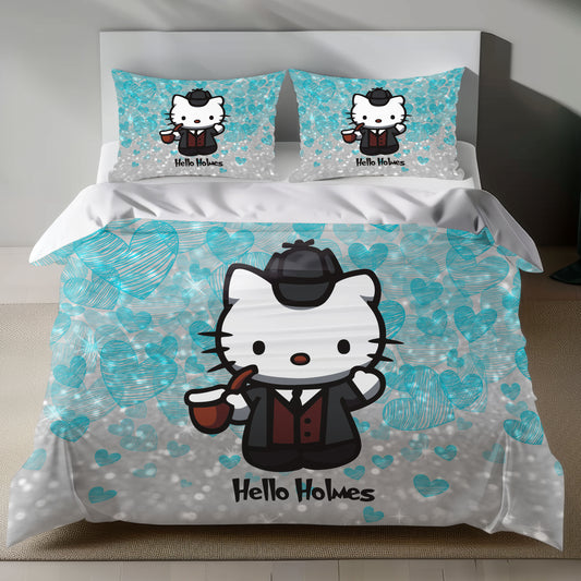Hello Kitty Sherlock Holmes Linen Bedding Set with Hello Kitty in a detective outfit on a silver background