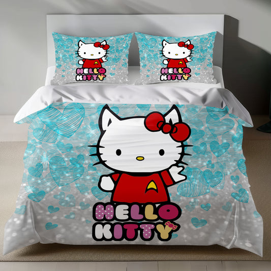 Hello Kitty Star Trek Linen Bedding Set with Hello Kitty in a Star Trek uniform on a silver background