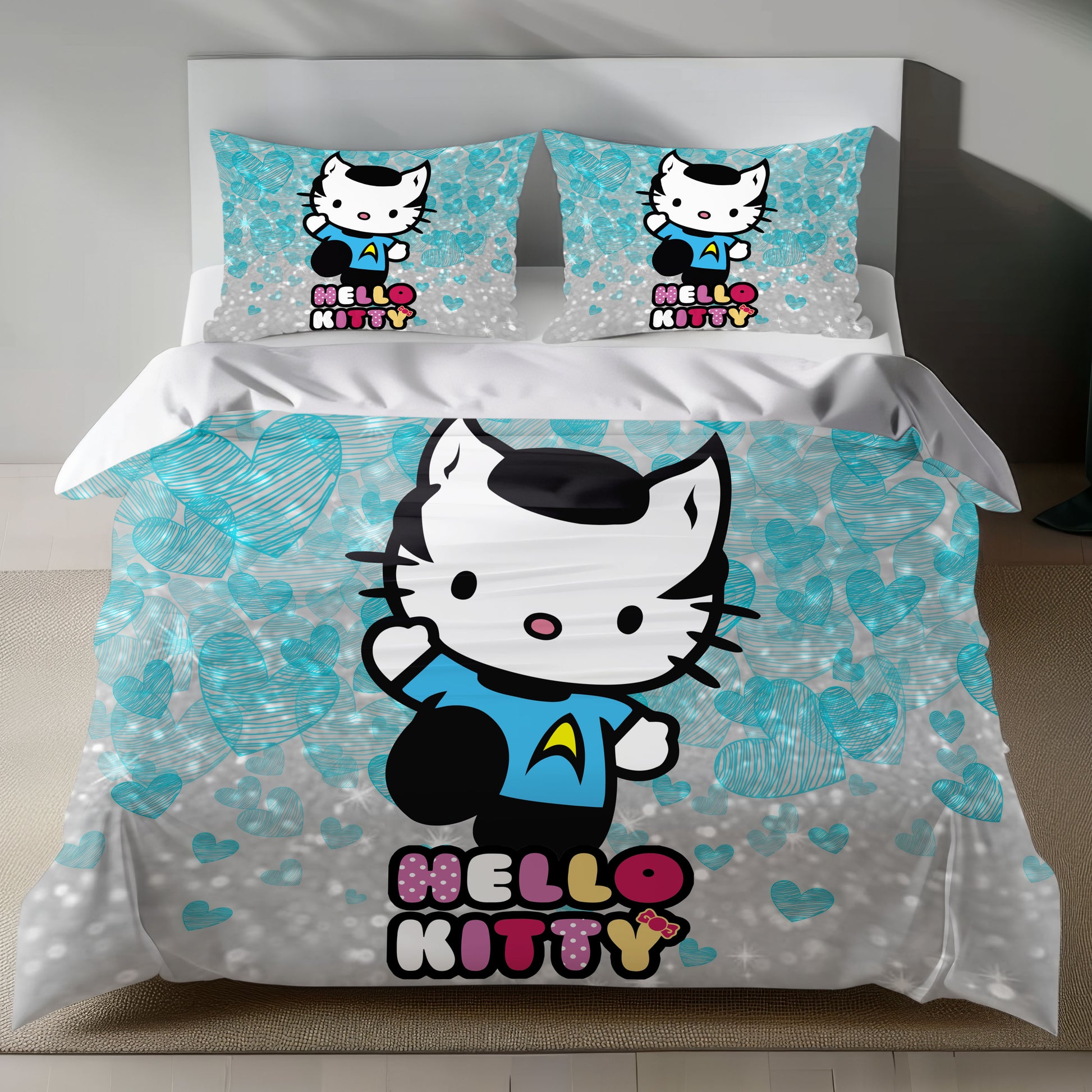 Hello Kitty Star Trek Science Linen Bedding Set with Hello Kitty in a blue science officer uniform on a silver background