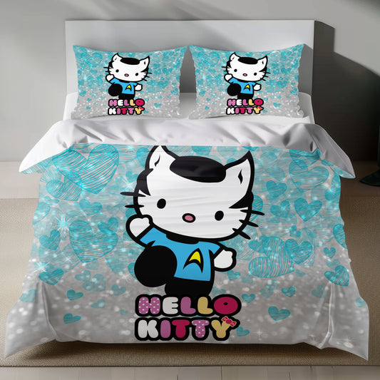 Hello Kitty Star Trek Science Linen Bedding Set with Hello Kitty in a blue science officer uniform on a silver background