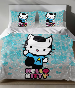 Hello Kitty Star Trek Science Linen Bedding Set with Hello Kitty in a blue science officer uniform on a silver background