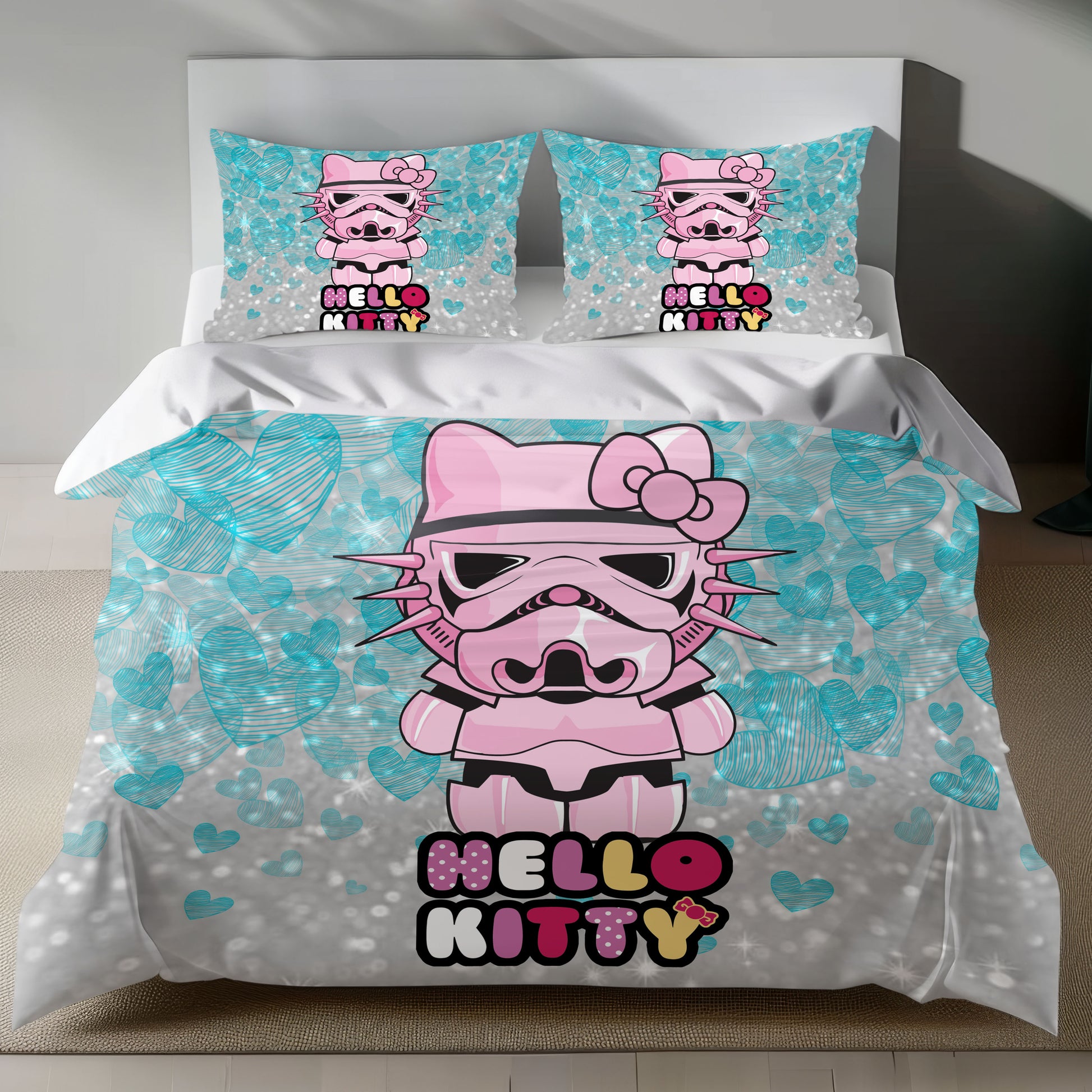 Hello Kitty Stormtrooper Linen Bedding Set with Hello Kitty in pink Stormtrooper armor on a silver background