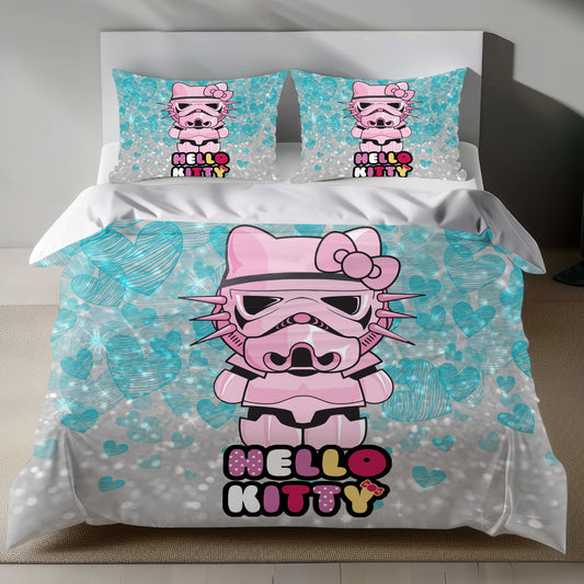 Hello Kitty Stormtrooper Linen Bedding Set with Hello Kitty in pink Stormtrooper armor on a silver background