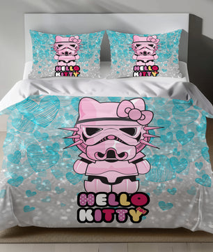 Hello Kitty Stormtrooper Linen Bedding Set with Hello Kitty in pink Stormtrooper armor on a silver background