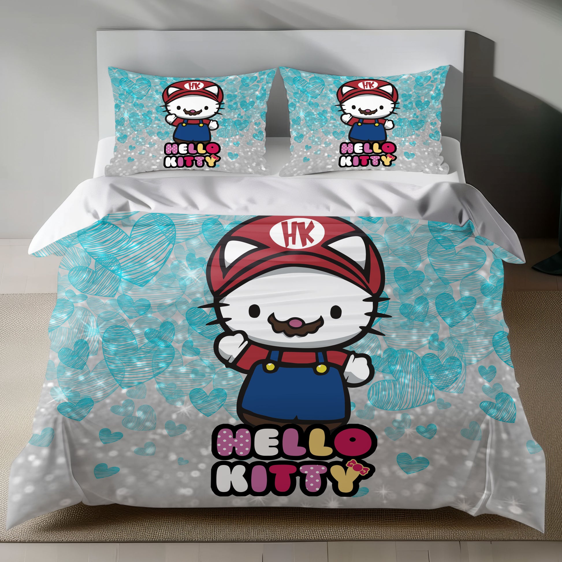 Hello Kitty Super Mario Linen Bedding Set with Hello Kitty in a Mario costume on a silver background