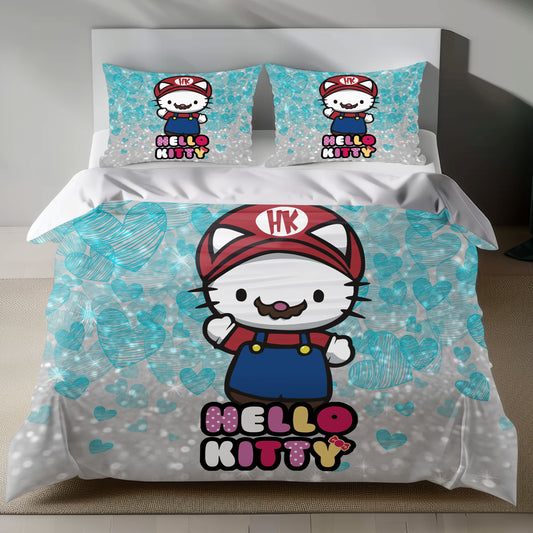 Hello Kitty Super Mario Linen Bedding Set with Hello Kitty in a Mario costume on a silver background
