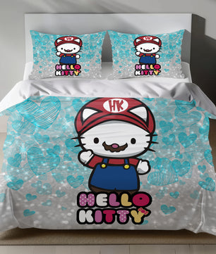 Hello Kitty Super Mario Linen Bedding Set with Hello Kitty in a Mario costume on a silver background