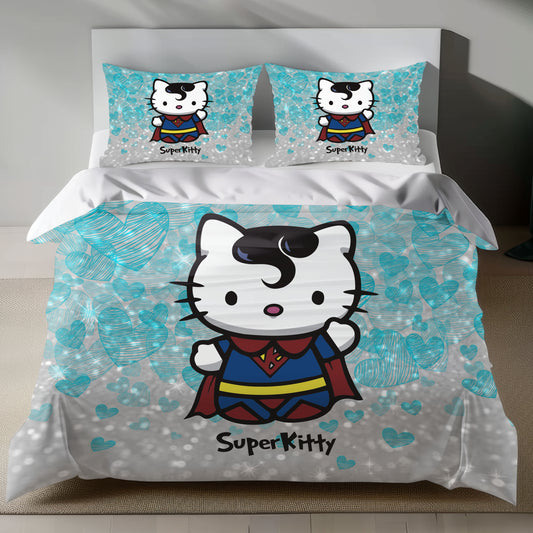 Hello Kitty Superhero Linen Bedding Set with Hello Kitty in a superhero costume on a silver background