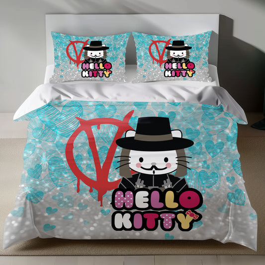 Hello Kitty V for Vendetta Linen Bedding Set with Hello Kitty in a V costume on a silver background