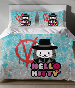 Hello Kitty V for Vendetta Linen Bedding Set with Hello Kitty in a V costume on a silver background